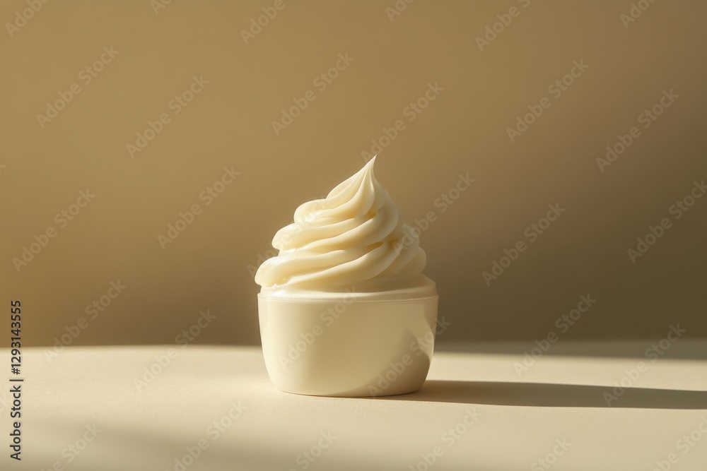 Poster Creamy swirl dessert placed on a smooth surface under warm light with soft shadows highlighting the texture