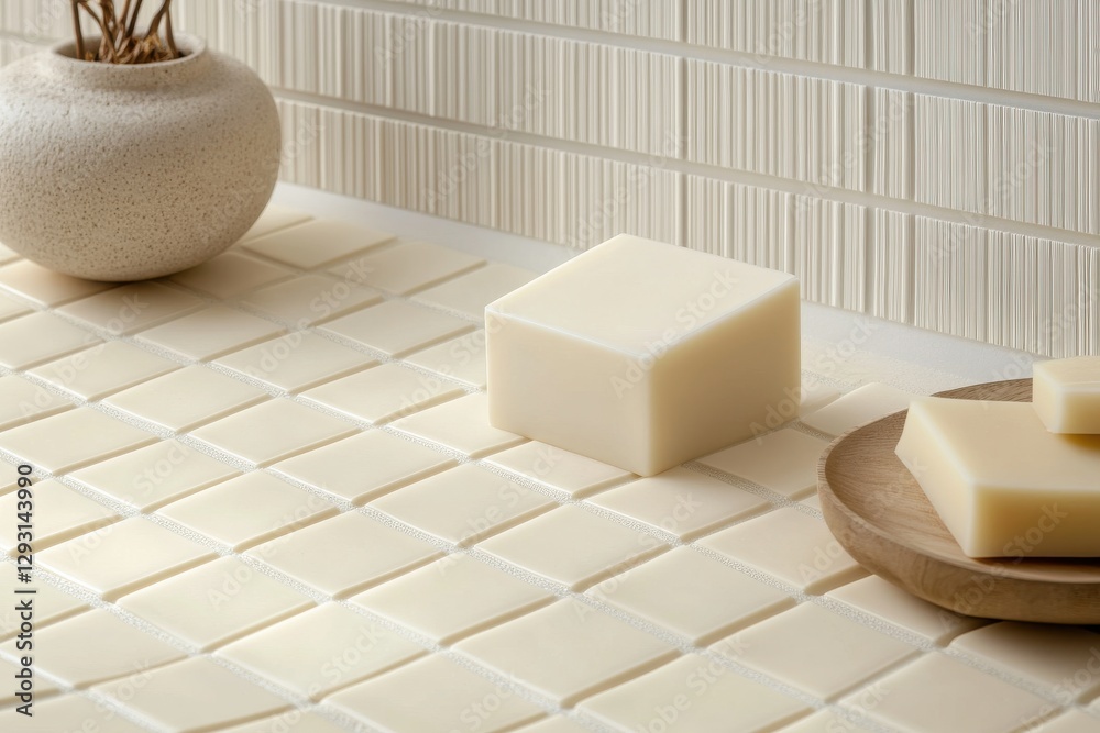 Poster soft white soap on textured surface with minimalist decor for a calming ambiance