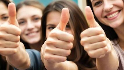 College Students with Thumbs Up gesture. Group of happy multiracial teenagers, boys and girls making like hand sign. Vote, winning or success. Closeup of people with yes sign or OK. Positive feedback.