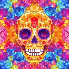 A colorful skull depicts a decorated sugar skull celebration