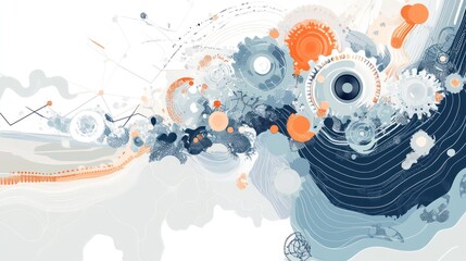 Fototapeta premium Abstract digital art design with swirling shapes, circles, and lines. Soft color palette of muted tones, including blues, grays, and oranges.