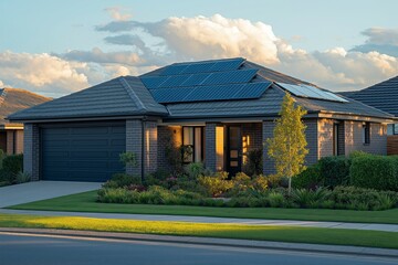 Obraz premium Modern eco-friendly house with solar panels and wooden design in a lush green forest
