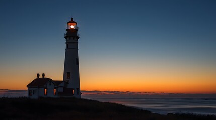 Historic Lighthouse Standing Tall Against Dramatic Sunset at Dusk Over Calm Ocean Waters