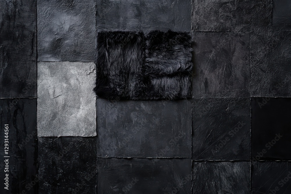 Poster Textured dark materials arranged in a creative pattern highlighting contrasts and finishes in a modern design setting