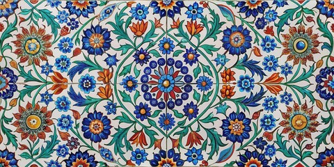 Intricate floral patterns on a traditional Turkish ceramic tile, featuring a mix of colorful flowers and leaves in a curved design, Turkish ceramics, Geometric patterns