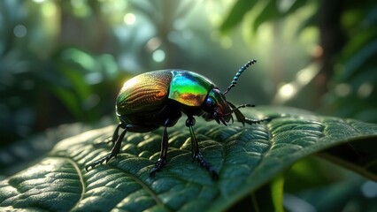 Naklejka premium Colorful beetle resting on a leaf in a vibrant tropical environment during daylight