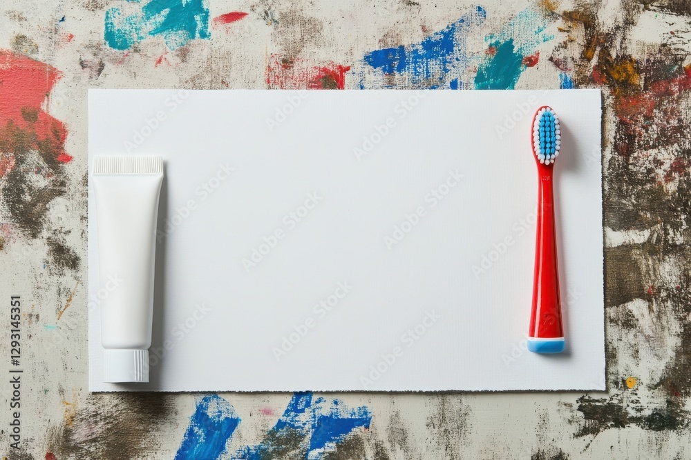 Poster bright red toothbrush and white toothpaste next to blank paper on colorful splattered surface in a c