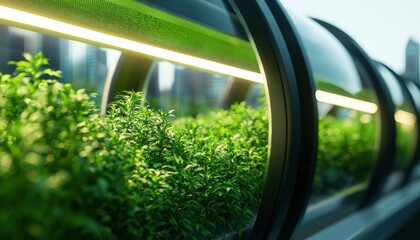 Fototapeta premium Urban rooftop greenhouse with lush plants at sunrise