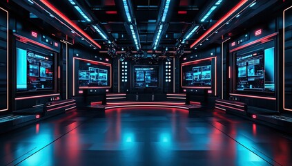 Futuristic control room with digital displays