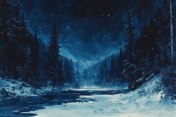 Winter night landscape with dark fir trees and a frozen river under a starry sky