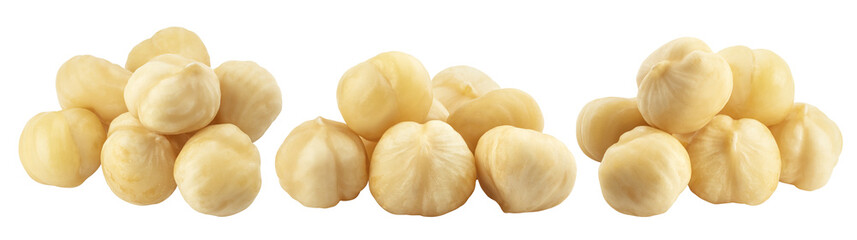 Hazelnut peeled, isolated on white background, full depth of field