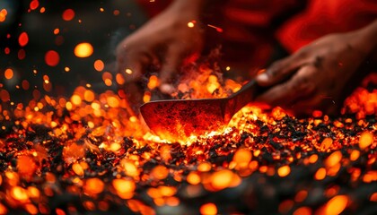 Hands Stoking Glowing Embers Outdoor