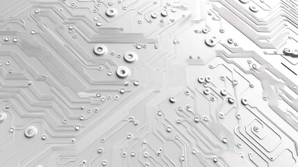 Abstract close-up view of a white circuit board. Detailed, intricate network of conductive pathways.