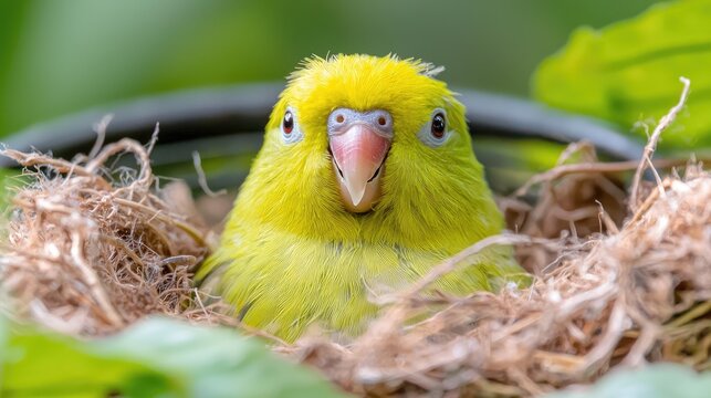 Bright yellow parrotlet chick sits snugly inside its nest surrounded by green leaves during the day.