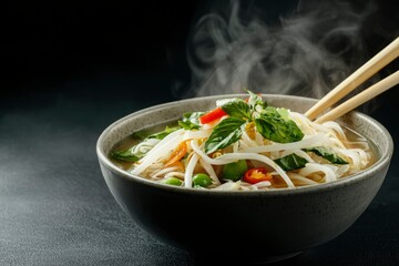 Steaming Noodle Soup with Vegetables and Chopsticks