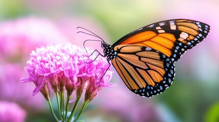 Fototapeta premium Monarch butterfly on pink flower, beautiful garden scene, suitable for nature or wallpaper
