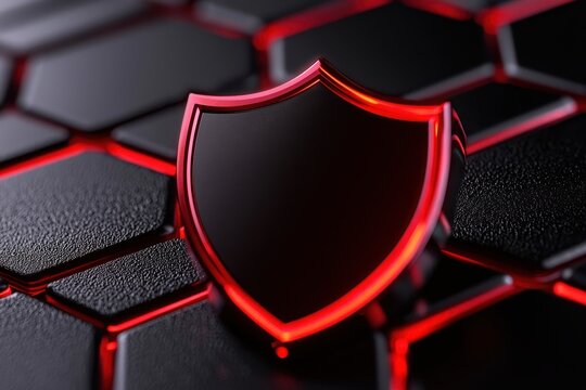 A sleek black shield icon illuminated in red on a modern hexagonal pattern background.