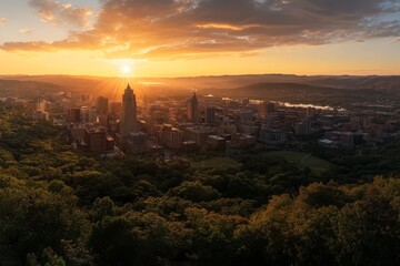 Fototapeta premium Panoramic view of Rockford's majestic skyline with towering buildings, modern architecture, lush greenery, distant mountains, and a vibrant twilight sky.