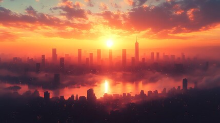 Fototapeta premium Cityscape sunset, hazy sunrise, aerial view, futuristic buildings, urban fantasy art