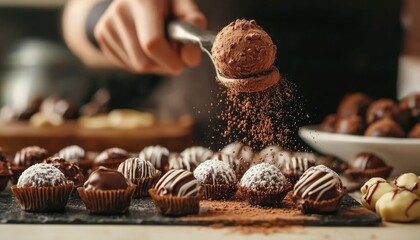Hand dusting cocoa powder on homemade chocolate truffles
