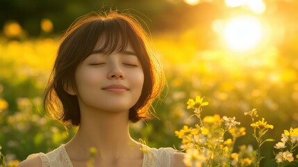 Fototapeta premium A Serene Young Asian Woman Enjoying Nature in a Sunny Flower Field During Golden Hour, Surrounded by Vibrant Blossoms and a Calming Atmosphere