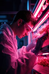 Fototapeta premium Scientist examines plants in illuminated lab at night