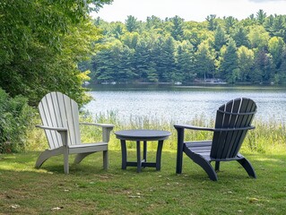 Obraz premium Striped white and gray umbrella with two chairs on the grass near a lake, featuring a gray Adirondack armchair, a plastic lounge chair, and a round table with black metal legs.