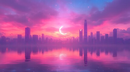 Crescent moon over city skyline reflecting in calm water at sunset, digital art
