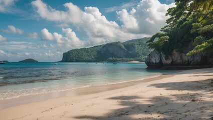 Obraz premium Pristine Sandy Beach with Turquoise Waters and Lush Green Cliffs Ideal for Tropical Holiday Promotions and Relaxation Themes