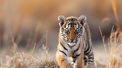 Obraz premium A playful tiger cub pounces on its mother's tail.