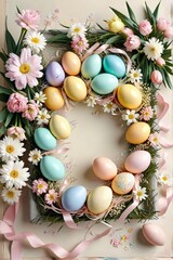 Vibrant Easter Eggs and Blooming Flowers in a Spring Basket