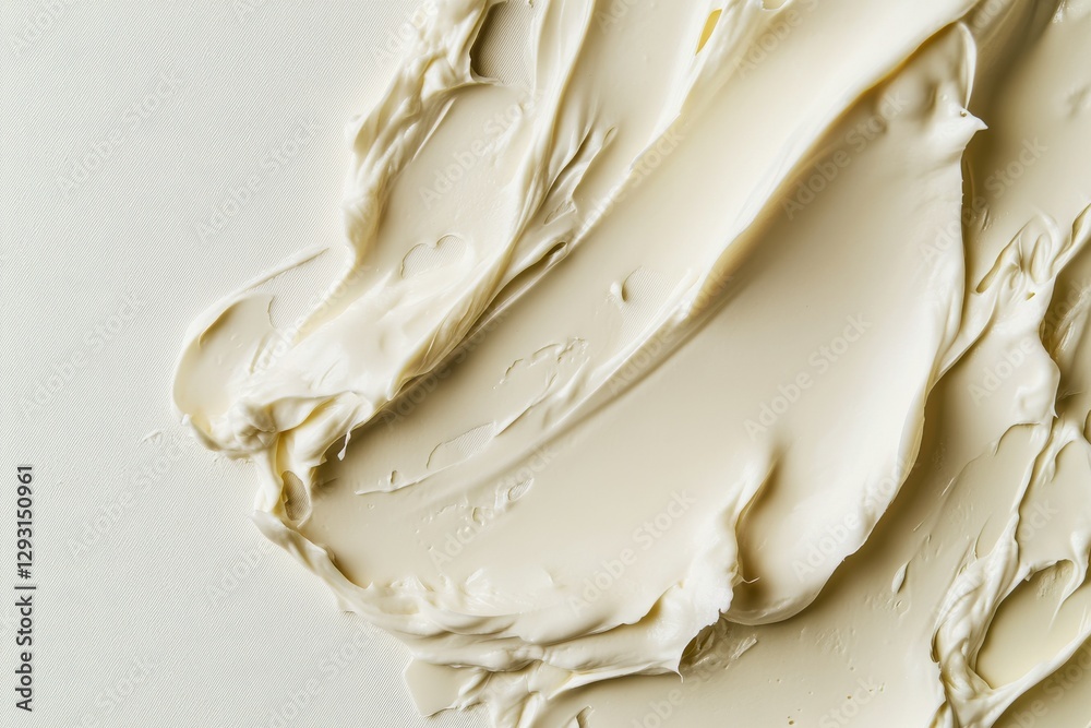Poster creamy texture of light beige spread artistically applied on a white surface during a food preparati