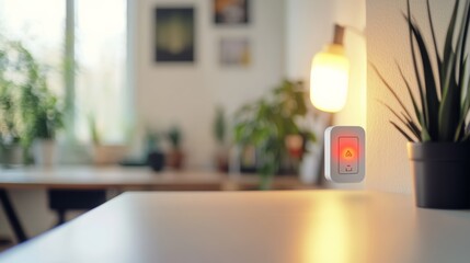 Carbon monoxide sensor in a cozy home office with simple decor. Featuring safety and readiness