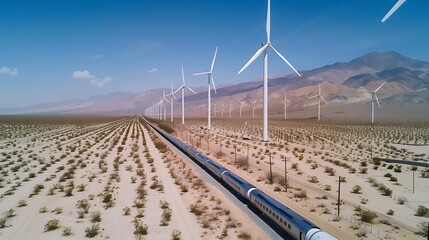 High-Speed Train Passing Through Desert Landscape with Wind Turbines Under Cloudless Sky