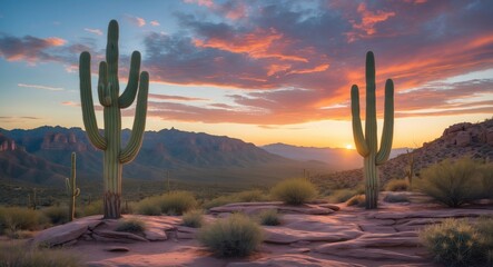 Saguaro Cacti Silhouetted Against Vibrant Sunset Over Mountain Landscape with Clear Space for Text or Design Elements