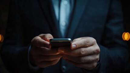 A Professional Middle-Aged Man in a Suit Holding a Smartphone in a Dimly Lit Urban Setting, Highlighting Modern Communication in Business Contexts