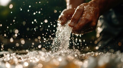 Fototapeta premium Hands Cupping Fresh Water in Sparkling Stream