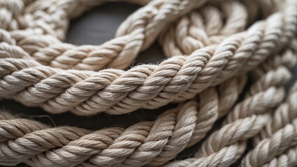 Natural fibers twisted into a detailed close-up of rope showcasing texture and weave for use in crafts and nautical themes.