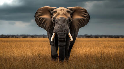 Naklejka premium Majestic African elephant standing in golden savanna with powerful tusks and wrinkled skin under dramatic stormy skies.