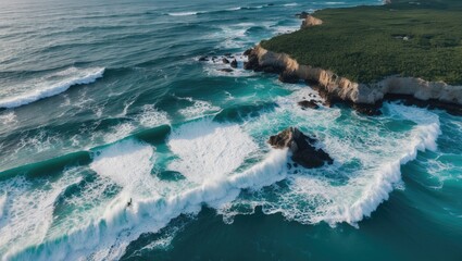 Fototapeta premium Aerial View of Turbulent Sea Waves Crashing Against Rocky Reefs and Coastline Creating Foam with Open Space for Text or Graphics