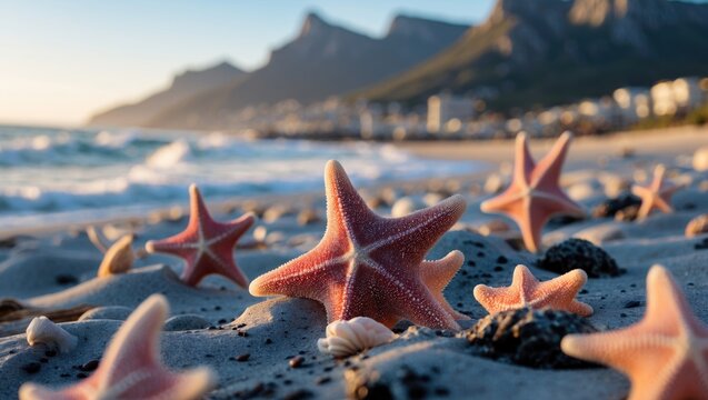 Colorful sea stars on a sandy beach with mountains and ocean waves in Cape Town at sunset, creating a serene coastal landscape.