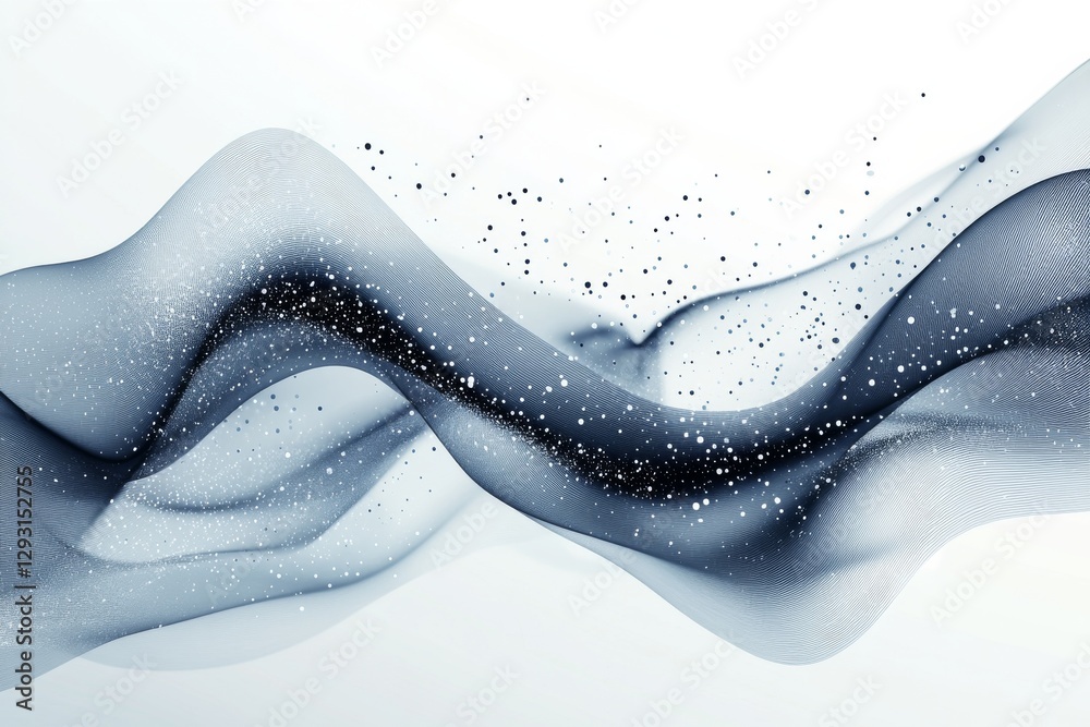 Poster flowing abstract design with gray and white waves and shimmering particles in a tranquil setting