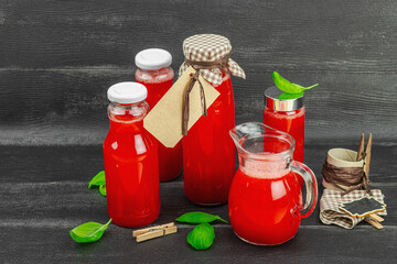 Homemade watermelon kombucha. Healthy probiotic drink, kvass with basil leaves. Fermented beverage