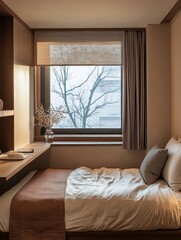 Fototapeta premium Modern bedroom features a bed with window and side cabinet