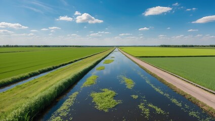 Naklejka premium Serene Summer Countryside with Lush Green Meadows and a Reflective Water Canal Under a Bright Blue Sky and Fluffy White Clouds