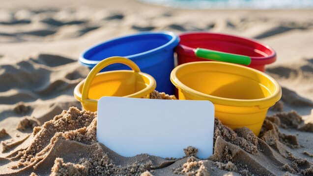 Colorful sand buckets on a beach with a white blank label in the sand, perfect for summer fun or children's beach activities.