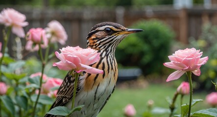 Roseate Skimmer Among Pink Roses in a Serene Backyard Garden Setting