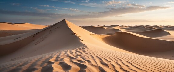 Golden Sand Dunes Under Sunset Sky with Gentle Ripples and Textures Creating a Serene Desert Landscape
