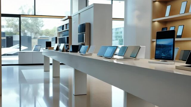 Futuristic tech store featuring premium gadgets on display