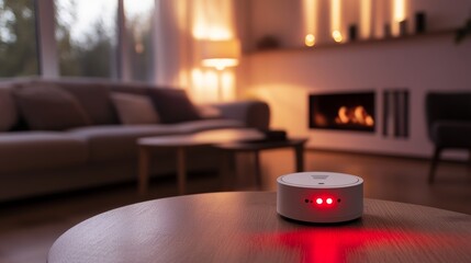 Carbon monoxide sensor in a cozy living room with warm lighting. Featuring protection and alertness